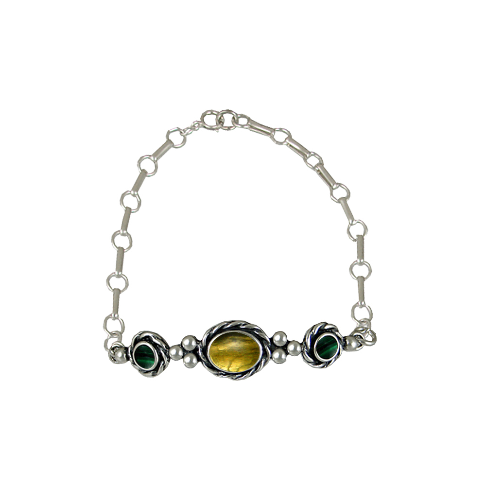 Sterling Silver Gemstone Adjustable Chain Bracelet With Citrine And Malachite